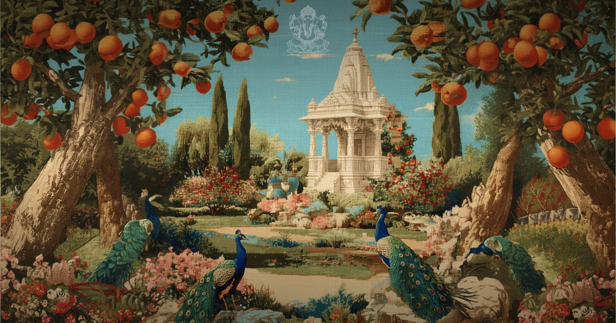 Ornate Indian garden tapestry with a marble temple, orange trees, and peacocks